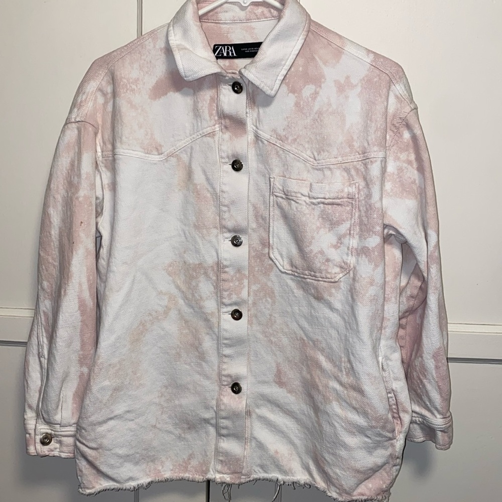 Zara XS Pink White Bleach Dye Button Up Denim Shirt - Picture 1 of 11